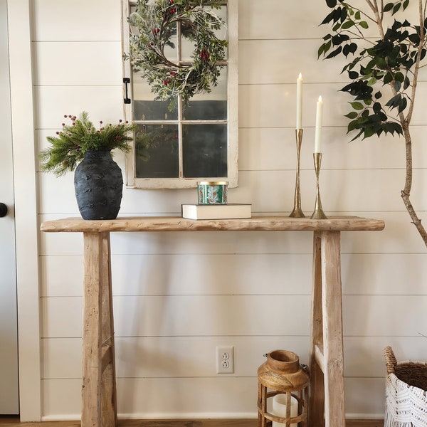 Wood Noodle Console Entry Table 3ft x 10"x 34" Weathered Blonde Driftwood finish, Organic Neutral Farmhouse Coastal Minimalist