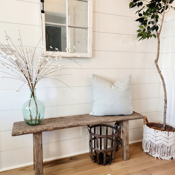 Wood Noodle Skinny Bench 4ft x 9 x 18 Weathered Bark Driftwood finish, Bed Front, Entry, Hallway, Dining,Organic Neutral Farmhouse Coastal