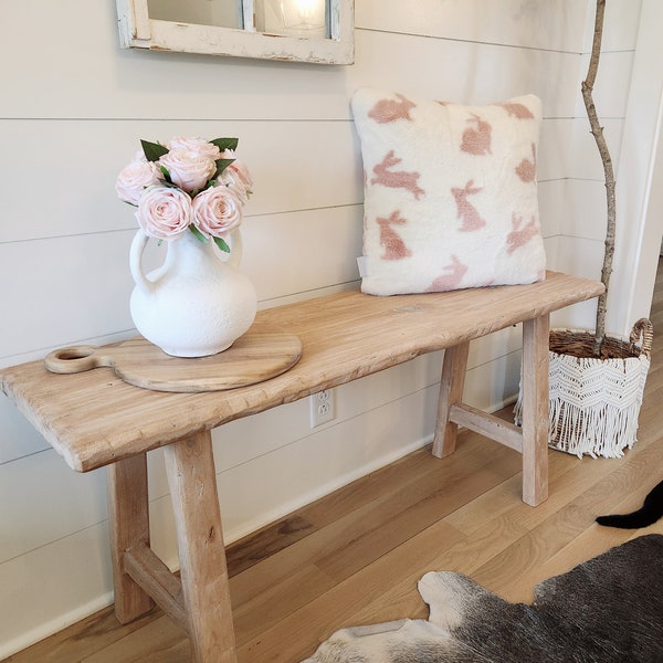 Noodle Bench Solid Wood 52" x 14"x 20" in Blonde Driftwood Finish- Bed Front, Entry, Hallway Organic Neutral Vintage Cottage Farmhouse