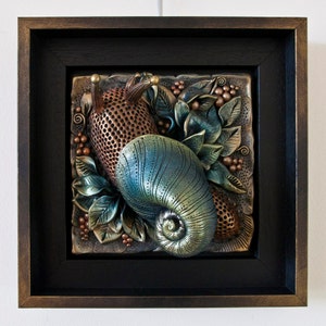 Snail relief with a wooden frame, home decoration, Bronze snail made of polymer clay, stylized animal