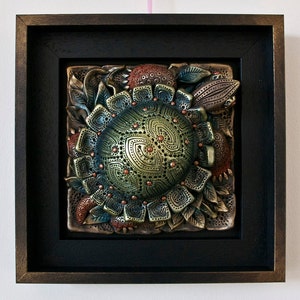 Turtle relief with a wooden frame, home decoration, Bronze turtle made of polymer clay, stylized animal