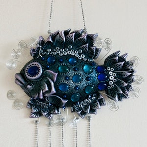 Decorative blue Fish relief with hanging decorations, home decoration, silver fish made of polymer clay