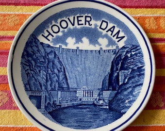 Hoover Dam Collectible Plate by Staffordshire Ware Enco - Blue Transferware