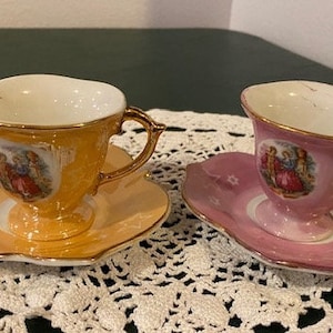Lot of 2 Lustreware Demitasse Teacup/Saucer Sets 1940s Japan - Orange, Pink