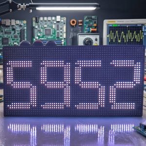 Può includere: Un display a matrice di punti LED rettangolare che mostra il numero 5952 in bianco, abbinato allo schermo di uno smartphone che mostra un'interfaccia RF Counter Controller con pulsanti per conteggio, luminosità e colore.