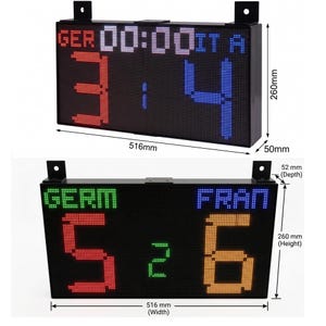 Op de afbeelding: Een rechthoekig LED-scorebord met een zwart frame en montagebeugels. Het bovenste display toont GER 00:00 IT A met een rode 3 en blauwe 4. Het onderste display toont GERM en FRAN met een rode 5, groene 2 en oranje 6. Afmetingen zijn 516mm bij 260mm bij 50mm.