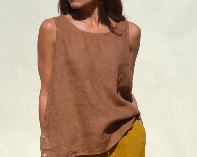 Tobacco brown 100% pure linen oversized tank top.