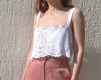 White hand crochet/applique cotton blend handmade top.