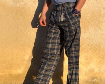 Christian Dior Plaid Pleated Trousers – Blue/Turquoise/Beige Cotton Blend