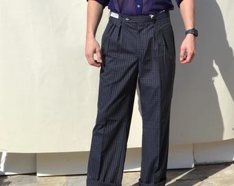 Christian Dior 80s/90s stock blue/gray plaided pleated straight-leg trousers.size 42