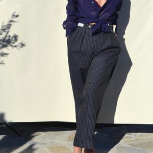 Christian Dior 80s/90s stock blue/gray plaided pleated straight-leg trousers.size 42