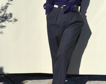 Christian Dior 80s/90s stock blue/gray plaided pleated straight-leg trousers.size 42