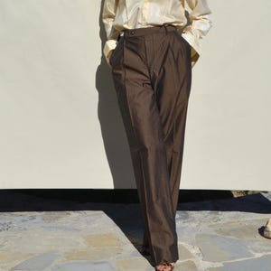 Christian Dior 80s/90s stock brown polished shiny cotton pleated straight-leg trousers.size 46
