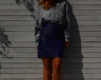 Vintage blue genuine leather high waist pencil skirt.size s