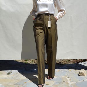Christian Dior 80s/90s stock beige/olive green polished shiny cotton pleated straight-leg trousers.size 42