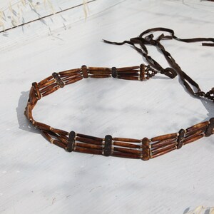 Handmade brown upsycled bone/leather beaded tie boho belt. image 1