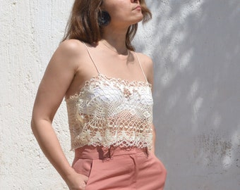 Cream beige handmade crochet shiny delicate lace see through top.