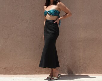 Deadstock off black 100% linen maxi-mid calf skirt.size 46-m