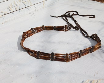 Handmade brown upsycled bone/leather beaded tie boho belt.