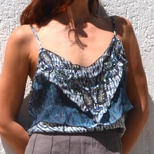 Blue/white tie diy 100% silk embellished layered sleeveless top.size L