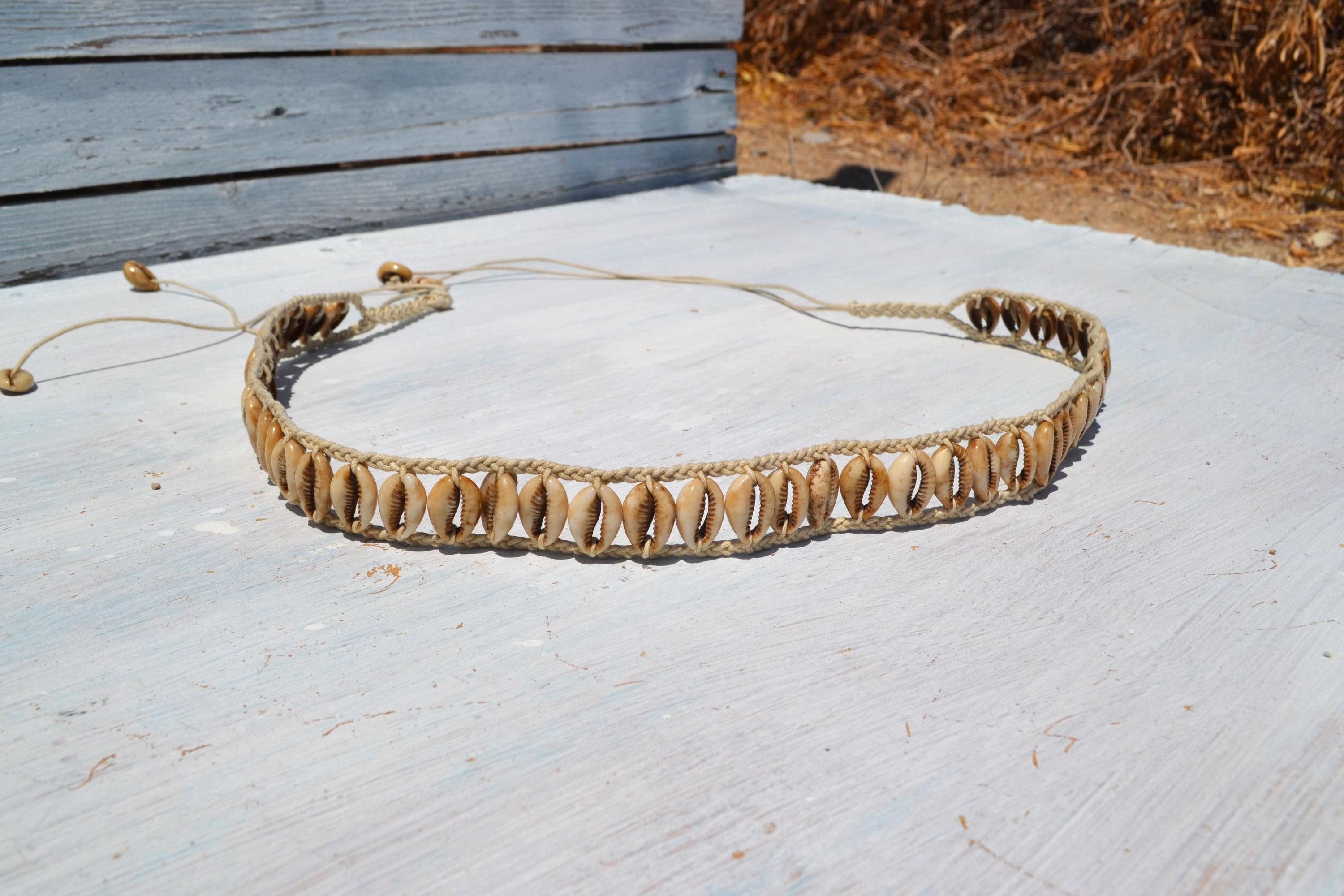 Handmade Woven Ivory Beige Shell Tie Belt. - Etsy display picture 2