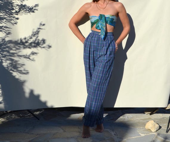 Christian Dior blue/multi color plaided 80s/90s pleated high waist relaxed straight-slightly tapered leg pants.size 40