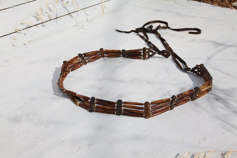 Handmade brown upsycled bone/leather beaded tie boho belt. image 1