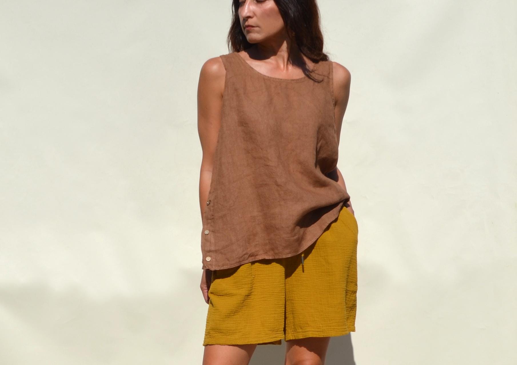 トップス Uhr / Linen Balloon Camisole/ BROWN Tobacco Brown 100% Pure Linen Oversized Tank Top. - Etsy