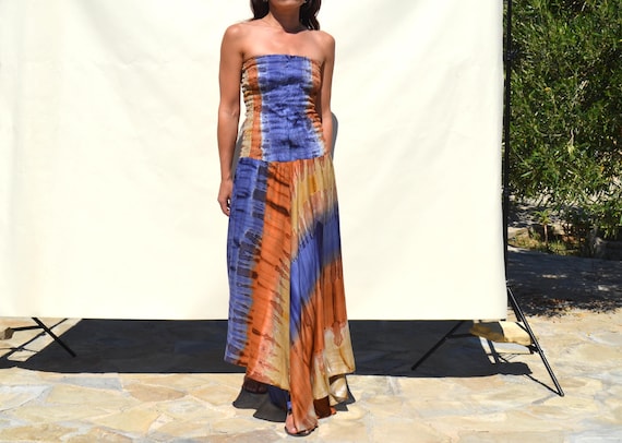 Multi color tie dye pattern strapless stretch asy… - image 2
