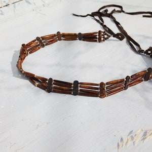 Handmade brown upsycled bone/leather beaded tie boho belt. image 2