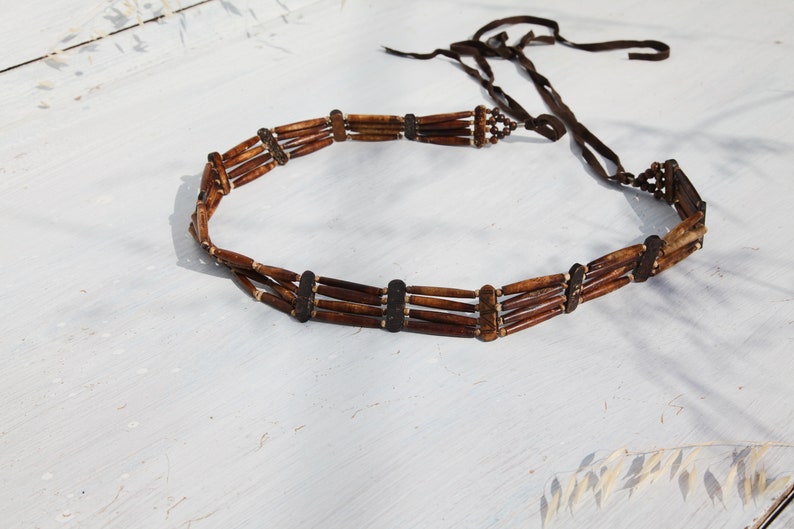 Handmade brown upsycled bone/leather beaded tie boho belt. image 2