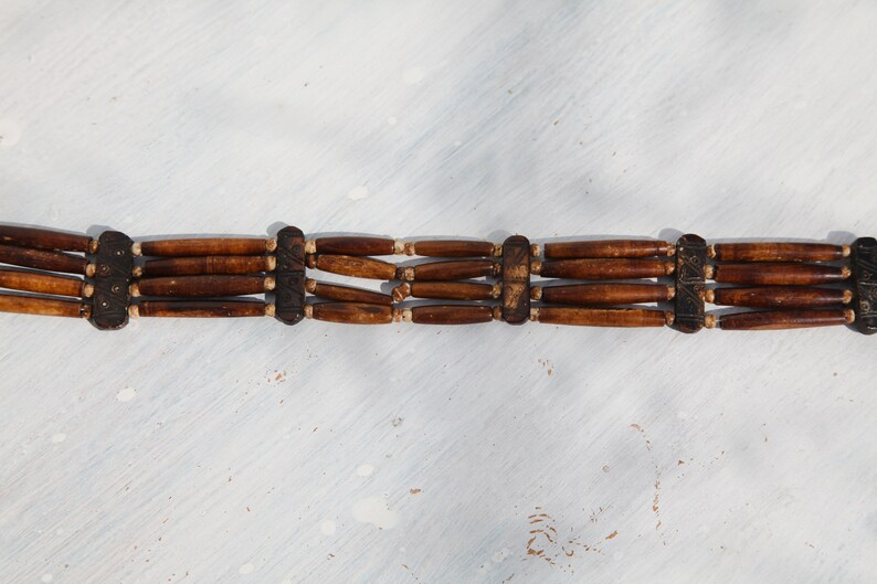 Handmade brown upsycled bone/leather beaded tie boho belt. image 4