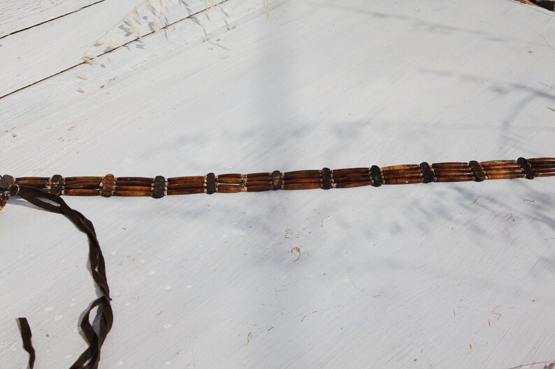 Handmade brown upsycled bone/leather beaded tie boho belt. image 3