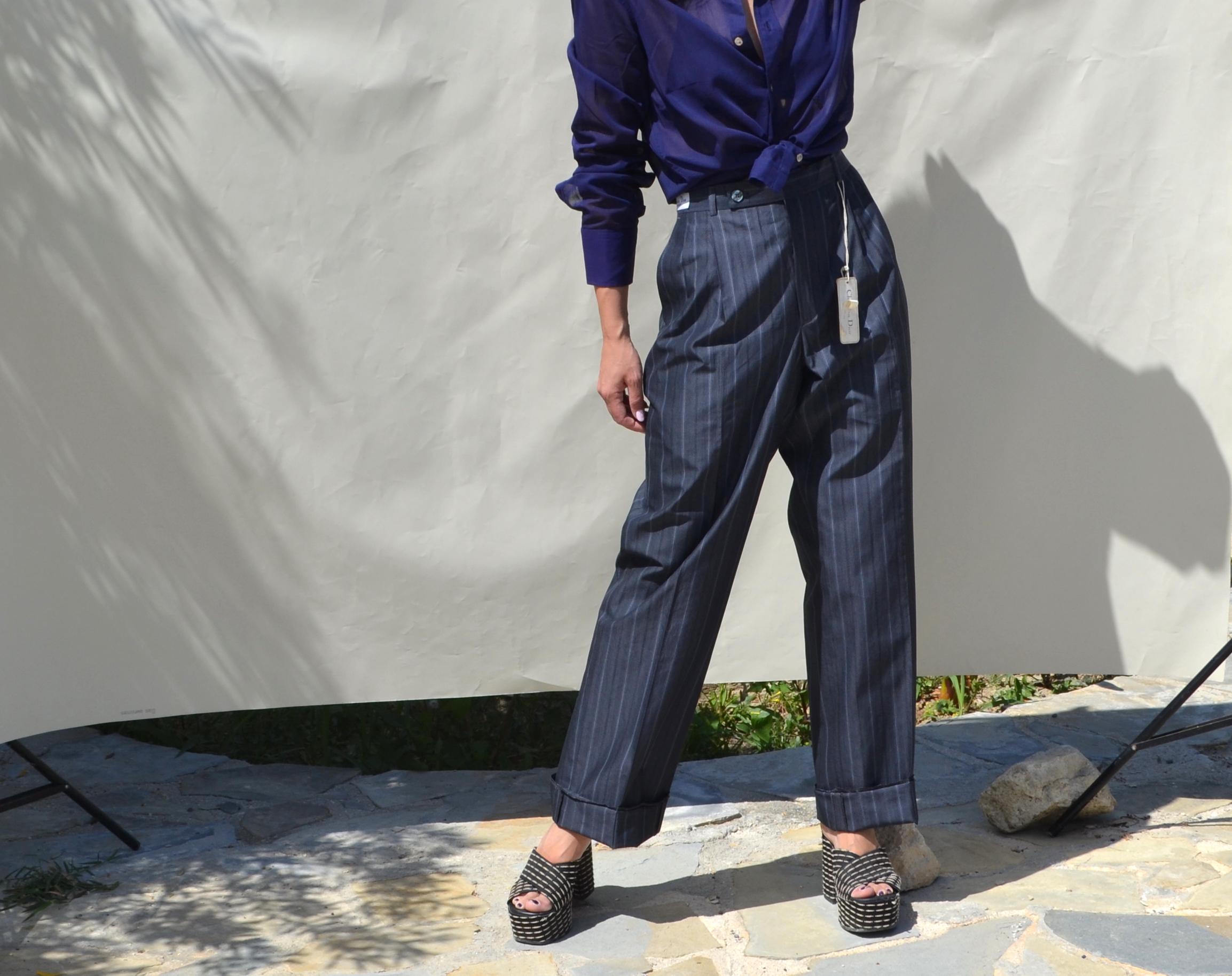 Christian Dior Vintage 80s/90s Gray-blue Jacquard Striped High