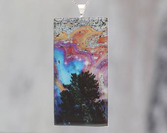 Glowing Sky  - Glow-in-the-dark pendant with a beautiful abstract soap film pattern, stars and a tree!