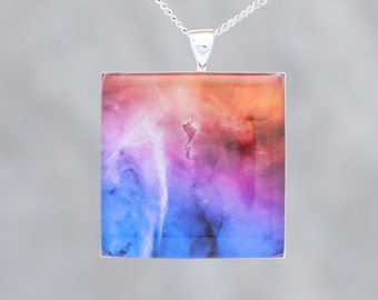 Glow-in-the-dark astronomy pendant with a beautiful astrophotography image of the Carina nebula - Space / Science Necklace - B3