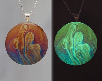 Rainbow Power!  Glow-in-the-dark pendant with a beautiful abstract soap film pattern - B4