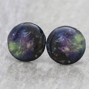 Hand-made Purple and Green Nebula with Tree Science Earrings featuring the Monkey's Head Nebula image 1