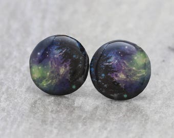 Hand-made Purple and Green Nebula with Tree  - Science Earrings featuring the Monkey's Head Nebula
