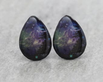 Hand-made Purple and Green Nebula with Tree  - Science Earrings featuring the Monkey's Head Nebula