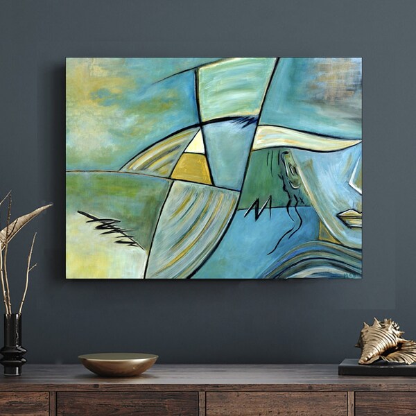 Blue Woman Abstract Fine Art Canvas Print signed, Modern Abstract Art Decor Gift, Blue Green Contemporary Wall Artwork, Best Home Accent