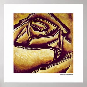 May include: A square art print featuring a stylized, abstract rose in shades of deep brown and golden yellow. The composition uses bold, dark outlines to define the petals. The text "Maze by Marie Christine Belkadi" appears in the bottom corner.