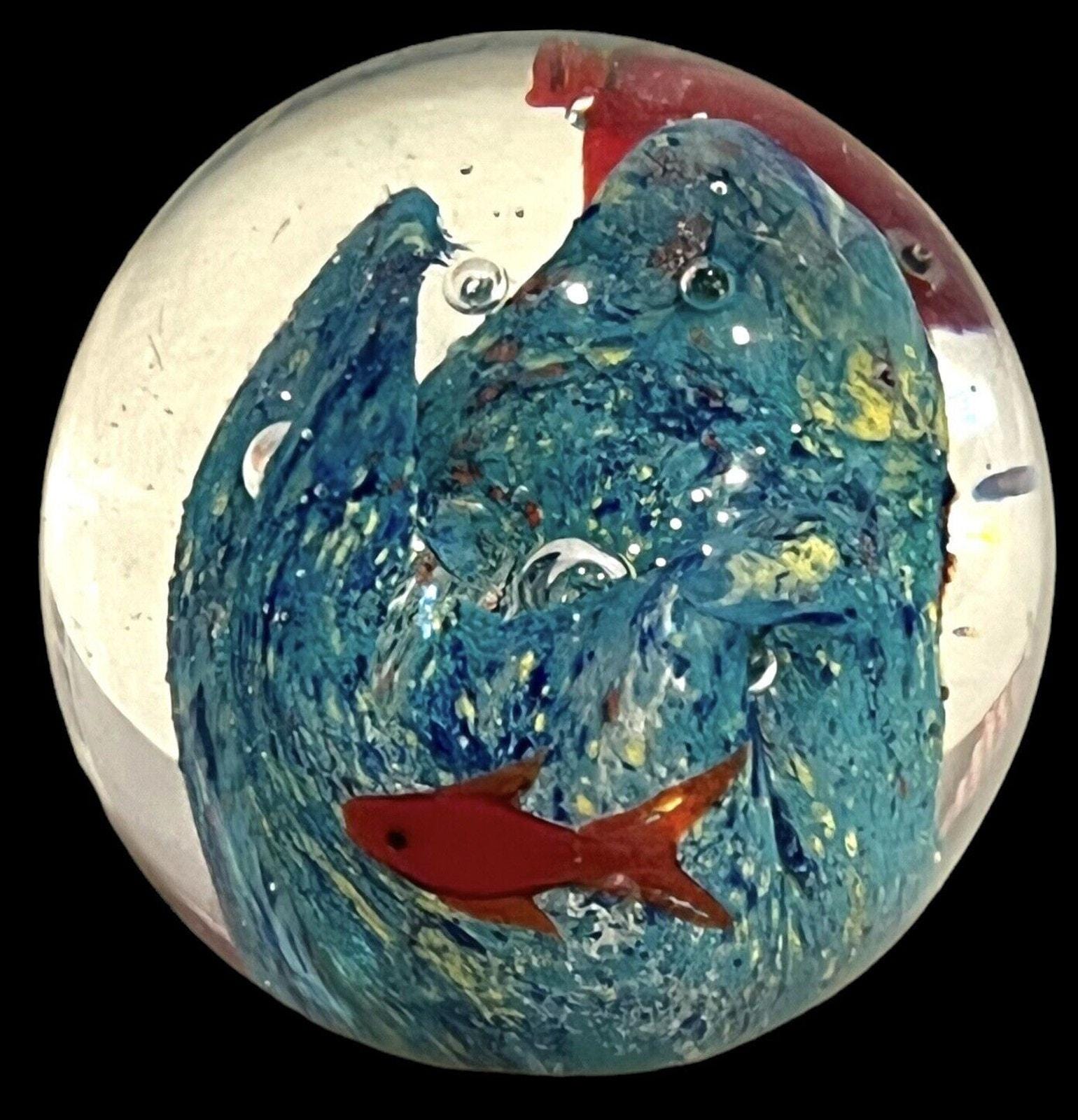 Art Glass Paperweight Hand Blown Ocean Coral Reef Red Coi Fish Waves 2. ...