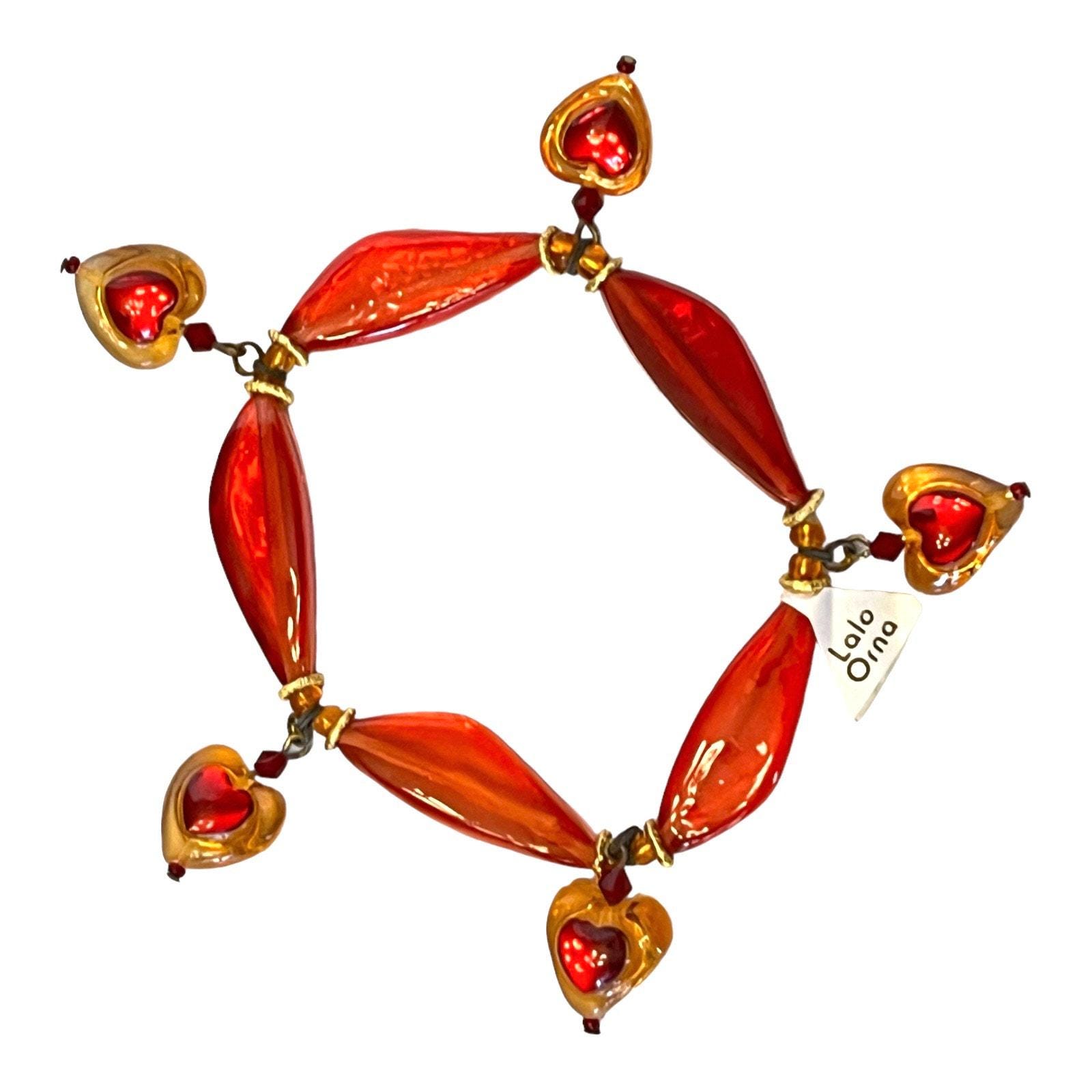 Orna Lalo Jewelry - Etsy Lalo Bracelet Heart Dangle Beaded Acrylic Charms Red Orange 7-9\