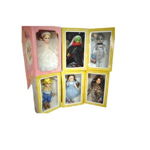 Conjunto vintage novo em caixa (6) Effanbee BONECA O MÁGICO DE OZ Dorothy Bruxa Boa Bruxa Má Leão Homem de Lata Bonecos Espantalho