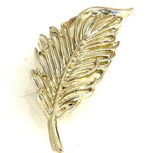 Op de afbeelding: Een goudkleurige veer-vormige broche. De broche heeft een gedetailleerd ontwerp met een centrale steel en delicate, veervormige randen. Het metaal heeft een glanzende afwerking die het licht reflecteert. De broche is waarschijnlijk gemaakt van een metaallegering.