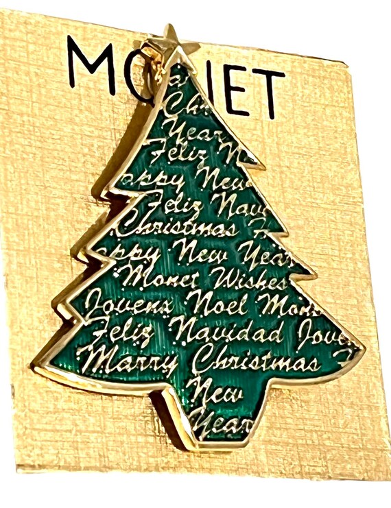 Vintage MONET Enameled Gold & Green Christmas TRE… - image 2