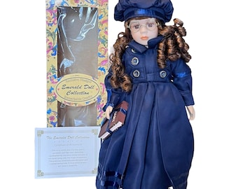 Vintage New Emerald Collection PORCELAIN DOLL + Stand Diary Glasses Brown Eyes Hair BOX!