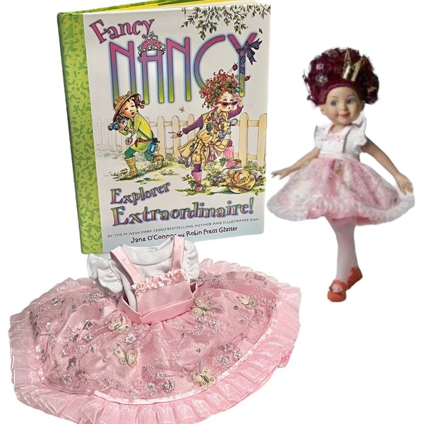 Vintage Fancy Nancy 13” Doll Clothes CHASING BUTTERFLIES DRESS & 1st Ed. Explorer Extraordinaire Book Pink Tutu Balllet Outfit by J O’Connor