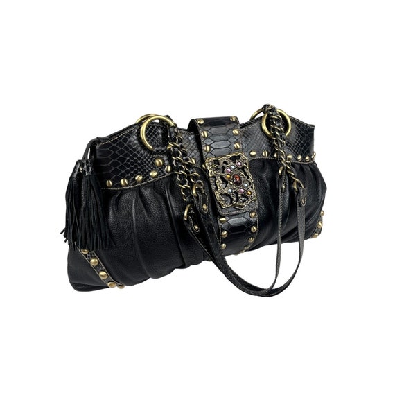 Sharif Studio Black LEATHER HANDBAG Purse Reptile Gem Stone Studded 18x11 Tassel Etsy